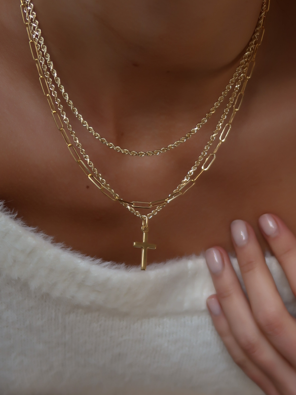 Cropped image of a woman's neck modeling multiple sparkling FJC chains