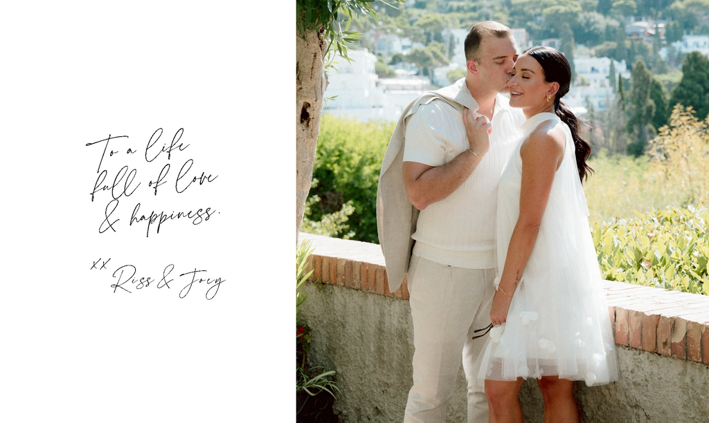 Photo of the FJC founder and her fiance with a message reading: "To a life full of love & happiness - xx, Riss & Joey"